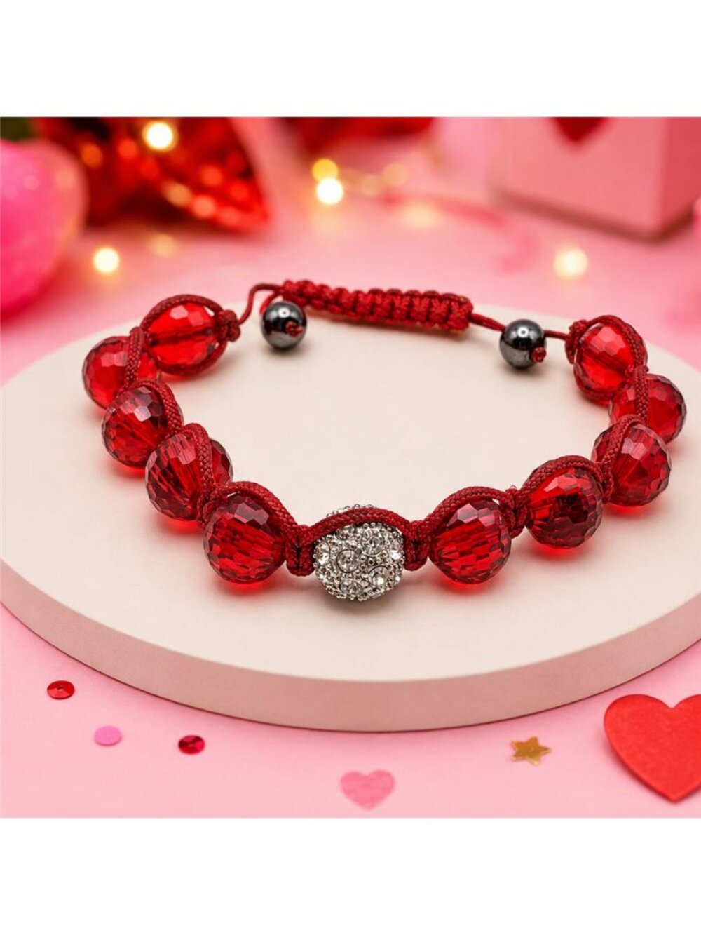 Red Faceted Crystal Bead Rhinestone Disco Ball Cord Slider Bracelet Adjustable